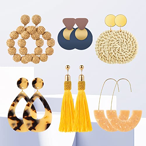 Ponpon 6-18 Pairs Earrings for Women, Lightweight Summer Earrings Straw Earrings Fashion Geometric Statement Hoop Dangle Drop Earrings for Women - style: Style D - 6 Pairs