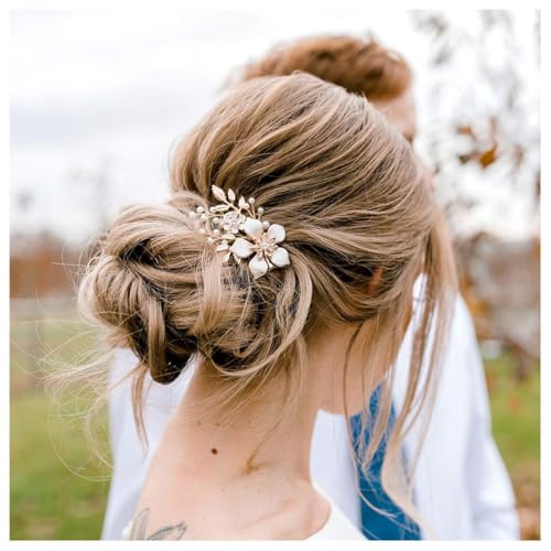 Foyte Bridal Flower Hair clip Pearl Wedding Hair Piece Gold Bride Leaf Barrettes Bridal Hair Accessories for Women and Brides