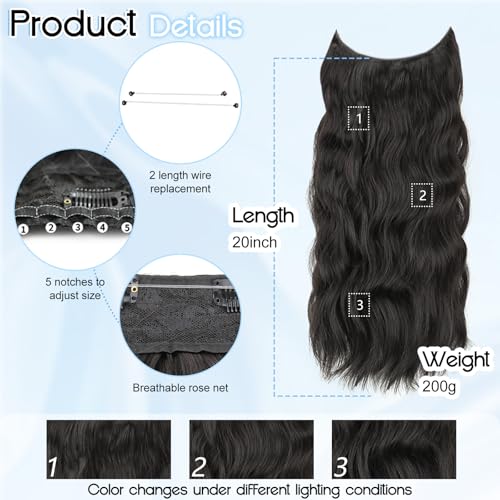 Natural Black Halo Hair Extensions 20 Inch Synthetic Hair for Women | Wavy Texture with Invisible Wire and 4 Secure Clips for Easy Daily Styling Party Wear and Added Length - color: Black