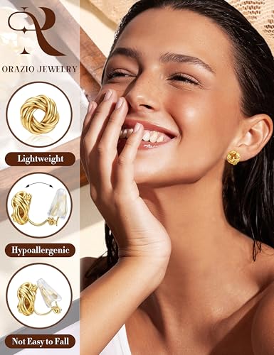ORAZIO Clip On Earrings Women Geometric Statement Unique Non Pierced Earrings 14K Gold Plated Knot Chunky Drop Dangle Hoop Stud Clip-on Earrings for Women Trendy - color: Style D-Gold Plated