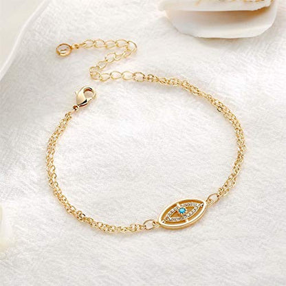 Dainty Gold Bracelets for Women, 14K Gold Plated Adjustable Layered Beads Bracelet Cute Evil Eye Oval Chain Pearl Bar Turtle Gold Bracelets for Women Jewelry - style: CZ Evil Eye
