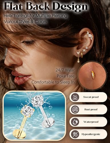20G 18G Threadless Flat Back Earrings 316L Surgical Steel, 12PCS | Hypoallergenic Push in Stud Earrings, 14K Gold Plated Cartilage Earring Stacks, Helix Conch Tragus Nose Piercing Jewelry - color: 14K Gold Tone, size: 20G-6MM Bar