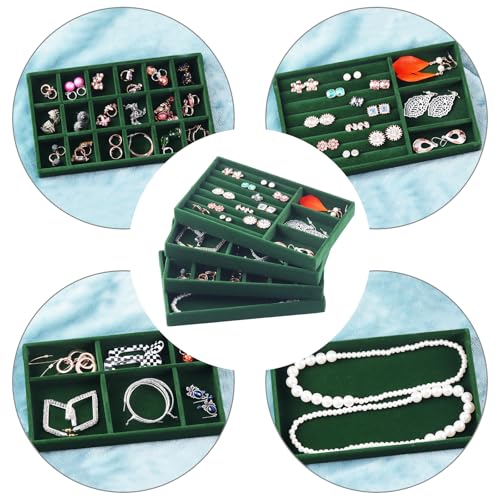 Jewelry Trays for Drawers, Set of 8 Stackable Velvet Jewelry Tray Inserts for Rings, Earrings, Necklaces, Bracelets – Fits Most Dresser/Closet Drawers, Non‑Slip Lined, Green - color: Green