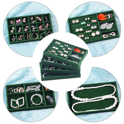 Jewelry Trays for Drawers, Set of 8 Stackable Velvet Jewelry Tray Inserts for Rings, Earrings, Necklaces, Bracelets – Fits Most Dresser/Closet Drawers, Non‑Slip Lined, Green - color: Green