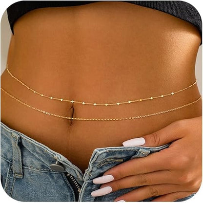 14K Gold Plated Silver Waist Chain, Layered Belly Belt, Waterproof Snake Cuban Body Chain for Women, Summer Beach Jewelry Accessories - color: 02 gold