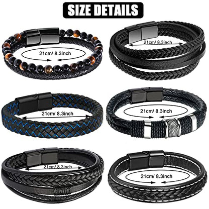 RIOSO 6 Pieces Mens Leather Bracelet Stainless Steel Multi-layer Braided Black Leather Bracelets for Men