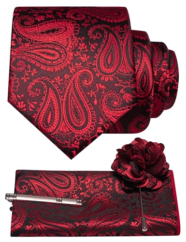 JEMYGINS Mens Paisley Tie and Lapel Pin Necktie Pocket Square and Tie Clip with Sets for Business Casual 4PCS - color: Red/Black
