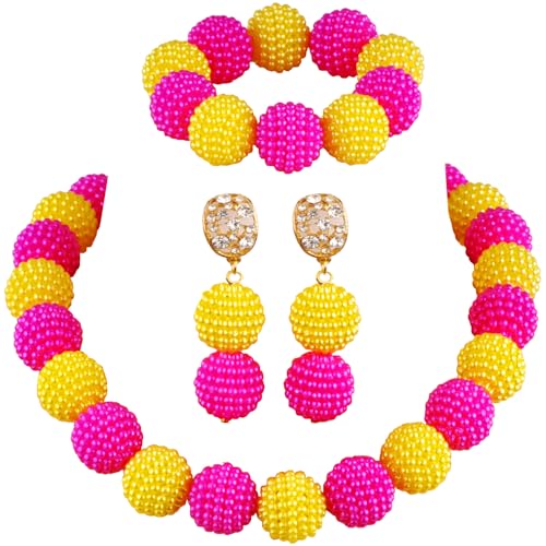 Nigerian Wedding African Beads Jewelry Set Women Simulated Pearl Necklace and Earrings - color: Fuchsia Pink-Yellow