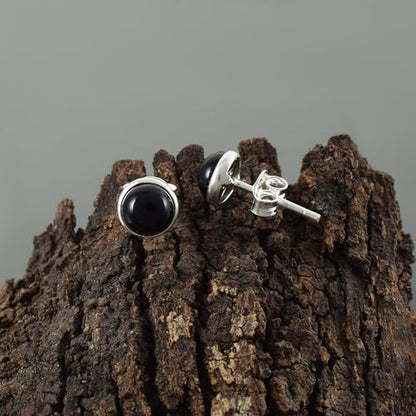 5 MM Natural Gemstone 925 Sterling Silver Hypoallergenic Studs Earrings Jewelry for Women Dainty Trendy Antiqued Silver Birthstone Earrings Jewelry Gifts for Women and Her - color: Black Onyx