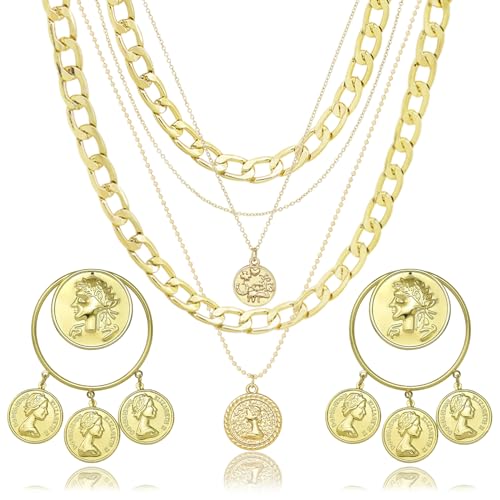 2 Pcs Layered Golden Pirate Necklace Earrings for Women Chunky Chain Layered Necklace Boho Gypsy Hoop Earrings Punk Grunge 80s 90s Coin Pendant Jewelry Halloween Pirate Costume Accessories - color: Big Golden Coin