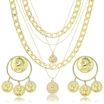 2 Pcs Layered Golden Pirate Necklace Earrings for Women Chunky Chain Layered Necklace Boho Gypsy Hoop Earrings Punk Grunge 80s 90s Coin Pendant Jewelry Halloween Pirate Costume Accessories - color: Big Golden Coin