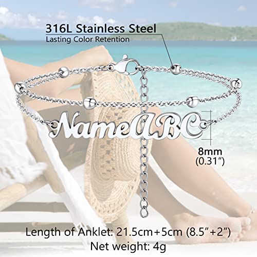 PROSTEEL Trendy Handcuffs Design/Customize Words Ankle Bracelet For Women, 316L Stainless Steel Anklets Silver/Gold/Black Tone, Hypoallergenic, Come with Box - style: 04 Customize-Bead Chain(8.5"-10.5")-Elegant Silver