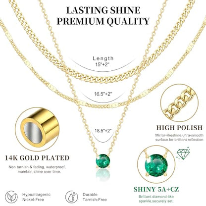 WomenGifts Layered Gold Necklaces for Women, 14K Gold Sterling Silver Plated Dainty Pendant Necklace Set Non Tarnish, Chunky Stackable Cuban Chain Choker, Trendy Birthstone Vacation Jewelry Gift - color: Gold, style: Cubic Zirconia-Created Emerald-May