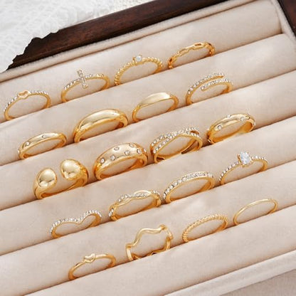 FAXHION 25 PCS Gold Stackable Rings Set for Women, Simple Twist Knuckle Finger Ring Trendy, Dainty Stacking Statement Thumb Rings Pack Jewelry Gift - color: Gold-Zircon