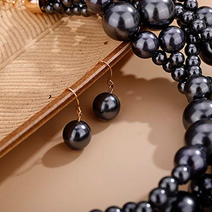 Wiwpar 2PCS Large Chunky Statement Faux Pearl Bib Choker Necklace and Earring Set for Party Wedding Ladies - color: black