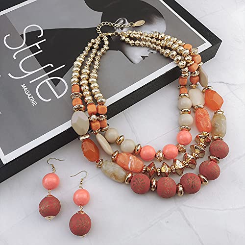 Bocar 3 Layer Chunky Statement Beaded Necklace and Earrings Set, Fashion Multi Layer Women Collar Necklace Jewelry Set - color: Coral Pink