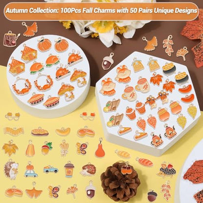 100Pcs 50 Pairs Fall Charms for Jewelry Making and Bracelets, Thanksgiving Autumn Charms Gold Enamel Jewelry Pendants for Earring Bracelet Necklace Crafts Making - style: Fall Charms
