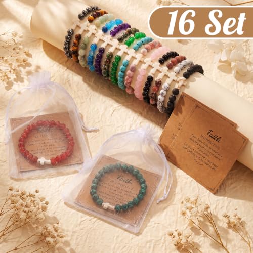 Kingdder 16 Set Christian Cross Beaded Bracelets Bulk with Inspirational Cards Organza Bags, Natural Stone Religious Gifts for Women Men Church Sunday School Communion Vacation Bible School