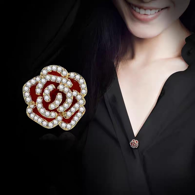 Brooches for Women, Shiny Cubic Zirconia Brooch Pins for Women Fashion Brooch Pin Broach Jewelry Gift - color: Red camellia