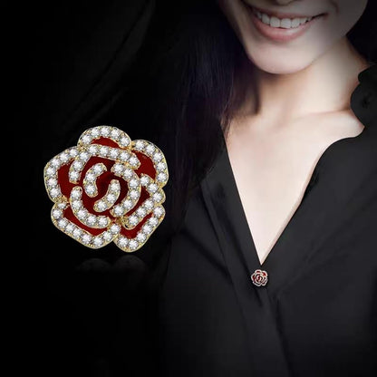 Brooches for Women, Shiny Cubic Zirconia Brooch Pins for Women Fashion Brooch Pin Broach Jewelry Gift - color: Red camellia