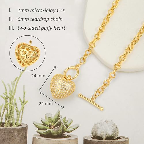 18k Gold Plated Chain Link Necklace for Women, Baroque Pearl/Compass Pendant Necklace - color: CZ Heart