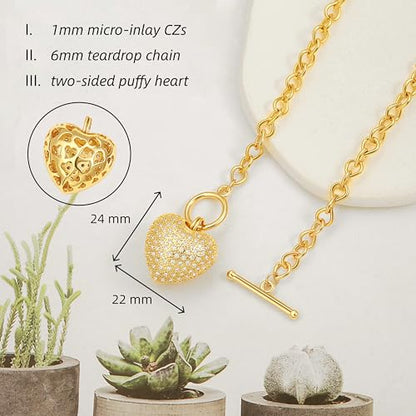 18k Gold Plated Chain Link Necklace for Women, Baroque Pearl/Compass Pendant Necklace - color: CZ Heart
