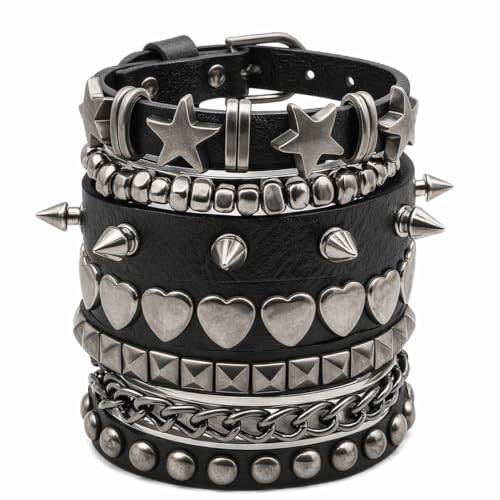 5 Pcs Punk Studded Bracelet Emo Goth Bracelets Y2k Alt Jewelry Grunge Spike Accessories for Men Women Rocker Clothes - color: 5 Pcs