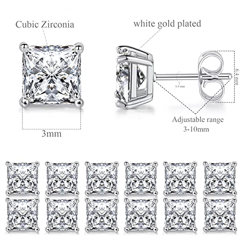 Stud Earring Set for Women Men 18K Yellow/White Gold Plated Princess Cut 4 Prong Graduated Square Clear Cubic Zirconia Pakc of 6 Pairs 3-7mm - color: White gold-3mm-6 pairs