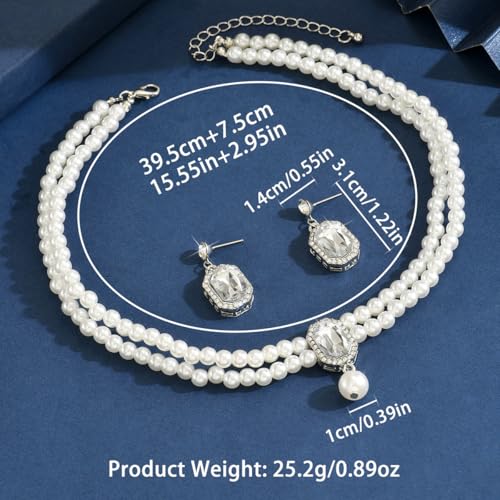Pearl Necklace and Earring Jewelry Set for Women,Fake Pearls Necklace White Pearl Rhinestone Choker for Prom Wedding Birthday Bridal Bridesmaid Costume Accessories