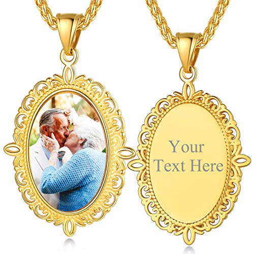 Custom4U Personalized Photo Necklace - Custom Heart/Oval/Round Charm Necklaces with Picture + Chain Adjustable - Stainless Steel/Acrylic Pendant Memorial Jewelry Christmas Gifts for Women - color: E-Gold Color