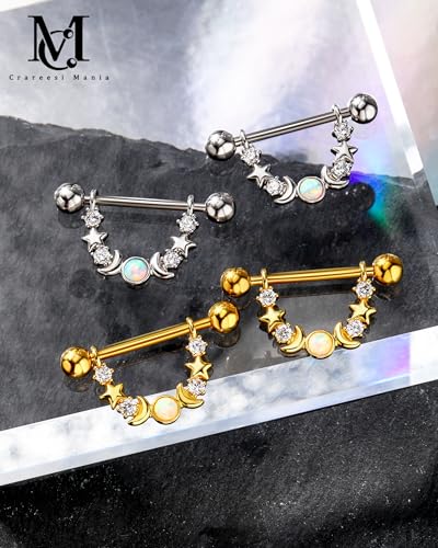 CM Crareesi Mania Opal Nipple Rings 316L Stainless Steel Nipple Shield Ring for Women 14G Moon Phase Nipple Piercing Jewelry - color: Gold-Star and Moon