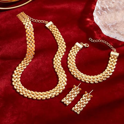 Chunky Gold Jewelry Sets for Women 14K Gold Plated Necklace Earrings Bracelet Set Cuban Link Thick Choker Necklace Punk Statement Necklaces Earrings Bracelet Set Fashion Jewelry Gift for Women - color: Gold