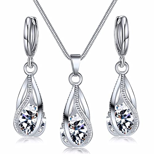IFKM Silver Jewelry Sets for Women Rhinestone Crystal CZ Bridal Bridesmaid Accessories Necklace Earrings set for Wedding Prom Anniversary Birthday Gifts - color: White