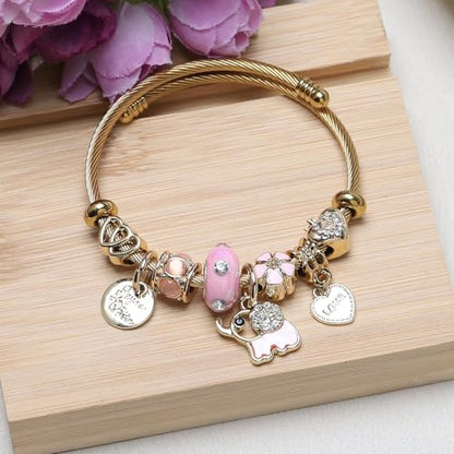 DS Charm Bracelets for girls,exquisite cute cartoon gold friendship bracelets Stainless Steel Bangle with birthday Gift box, Adjustable girls jewelry Suitable for holiday gifts - style: Gold-elephant
