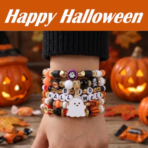 Ardorchid Halloween Bracelets for Women Pumpkin Ghost Steleton Bat Skull Beaded Stackable Stretchy Bracelet Rugby Thanksgiving Christmas Heishi Bracelets - color: Halloween Bracelet -4