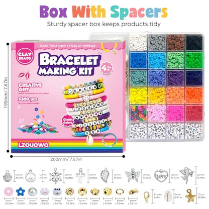 LZOUOWO 5300 Clay Beads Bracelet Making Aesthetic Kit, Polymer Heishi Beads | Preppy Friendship Bracelet, Pearl Disc Beads Charms for Jewelry Making, DIY Creative Gift for Girls 8-12 Teens - color: 5300pcs