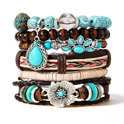 Western Outfits for Women Turquoise Western Bracelets Bohemian Vintage Stackable Beaded Leather Bracelets Adjustable Hand-woven Layered Bracelet Western Country Concert Jewelry for Women - style: Turquoise Flower