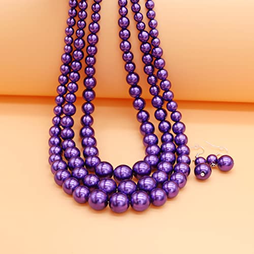 Chunky Layered Imitation Pearl Necklace for Women 3 strand Pearl Necklaces Faux Pearl Necklace Earrings Set 1920s Flapper Gatsby Costume Accessories - color: 3 strand pearl necklace Purple