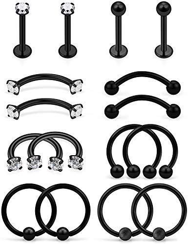 Lcolyoli 8 Pairs Stainless Steel Tragus Earring Clear Diamond CZ Forward Helix Hoop Cartilage Earring Studs Eyebrow Barbell Lip Labret Rings Body Piercing Jewelry Kit for Women Men - color: 16g/16pcs/black