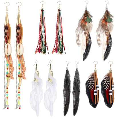 Nosiny 6 Pairs Bohemian Feather Dangle Earrings for Women Bohemian Long Feather Earrings with Shell Beads Long Fringe Tassel Dangle for Women Christmas Gifts