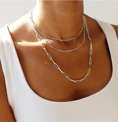 Stainless Steel Dainty Paperclip Link Chain Necklace for Women - color: Silver