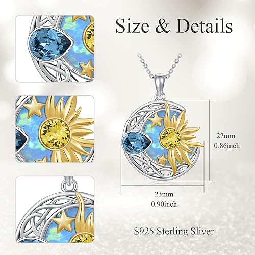 AOBOCO 925 Sterling Silver Moon Sun Star Necklace Celtic Jewelry for Women Girls - color: Silver&Gold&Light Blue Opal