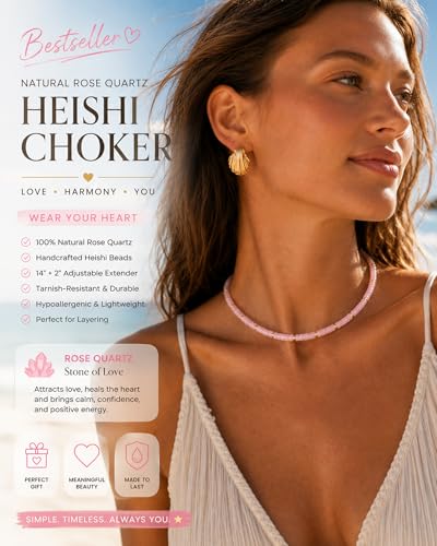 Natural Heishi Gemstone Choker Necklace for Women, Adjustable 15"+2" Beaded Layering Necklace, Coastal Beach Jewelry Gift for Her - color: Rose Quartz (Light Color)