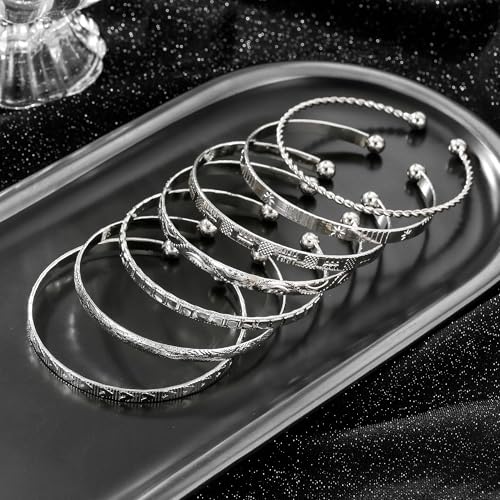 Gold Bangles for Women, 12 Pcs Boho Stackable Bracelets Multi Layer Textured Chunky Bracelets Jewelry Set for Women - color: 7 pcs silver bangles