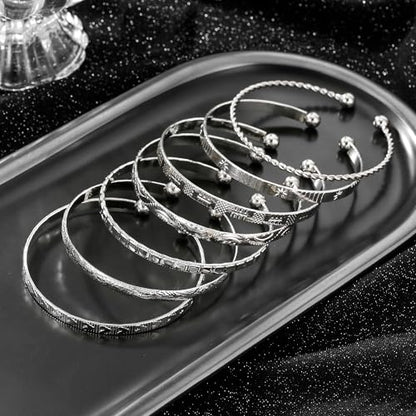 Gold Bangles for Women, 12 Pcs Boho Stackable Bracelets Multi Layer Textured Chunky Bracelets Jewelry Set for Women - color: 7 pcs silver bangles