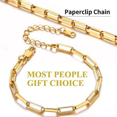 ChainsHouse Stainless Steel Herringbone Flat Chain Bracelets for Women,18K Gold/Rose Gold/Black Metal Paperclip/Snake/Cuban/Figaro Sterling Silver Link Charm Bracelet, 16+5cm Adjustable, With Gift Box - color: a. paperclip-gold(hot!!!)