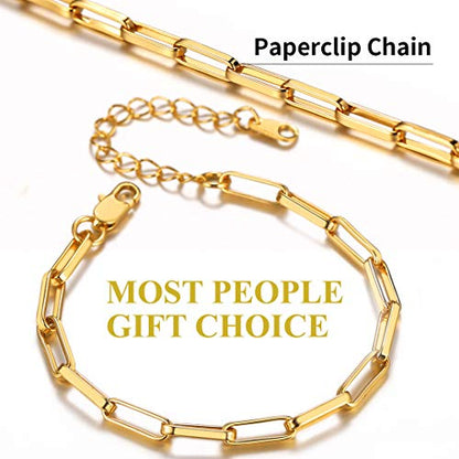 ChainsHouse Stainless Steel Herringbone Flat Chain Bracelets for Women,18K Gold/Rose Gold/Black Metal Paperclip/Snake/Cuban/Figaro Sterling Silver Link Charm Bracelet, 16+5cm Adjustable, With Gift Box - color: a. paperclip-gold(hot!!!)