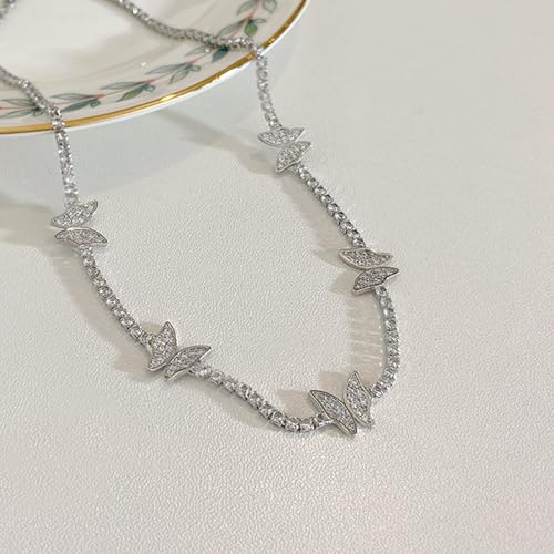 HERIER Tennis Necklace for Women 14K Gold Plated or Silver Rhinestone Choker Necklaces Dainty Zirconia Cut Faux Diamond chain 3mm - color: Silver-butterfly