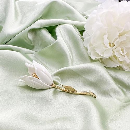 Elegant Enamel Tulip Flower Brooch Pins, AILUOR Fashion Opal Crystal Rhinestone Flower Corsage Scarf Pins Jewelry Accessories Clothing Bouquet Brooches for Bridal Women Wedding Costume (White)