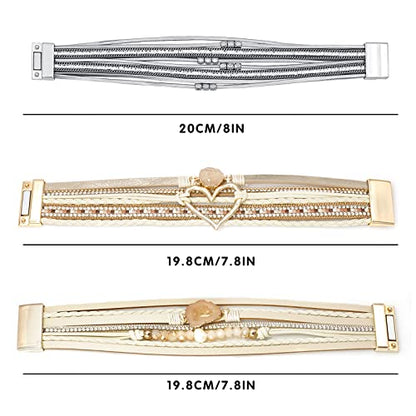 Leather Wrap Bracelet Set 3Pack Wrist Cuff Bracelet for Women Multilayer Magnetic Clasp Bracelet Feather Tree Bead Crystal Bracelet - color: Love Crystal